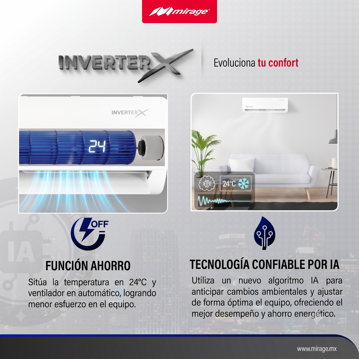 Minisplit Mirage Inverter X - 1 Ton, 220V, Frío y Calor (CMC181J)